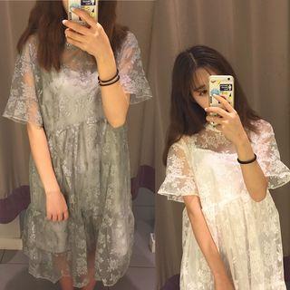 Set: Short-sleeve Lace Dress + Mini Slipdress