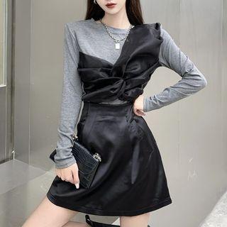 Long-sleeve Mesh Panel Top / A-line Mini Skirt
