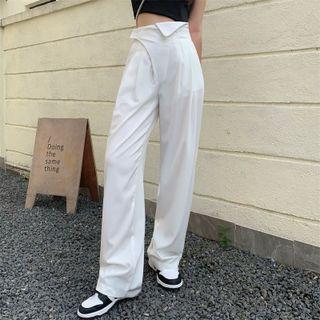 Round-neck Button-up Round Hem Crop Top / High Waist Wide Leg Pants
