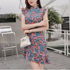 Sleeveless Printed Mandarin Collar Mini A-line Dress