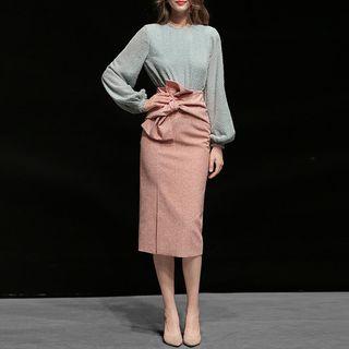 Set: Crew-neck Lantern-sleeve Top + Tie-waist Midi Straight-fit Skirt
