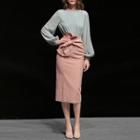 Set: Crew-neck Lantern-sleeve Top + Tie-waist Midi Straight-fit Skirt