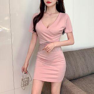 Short-sleeve V-neck Fringed Mini Bodycon Dress