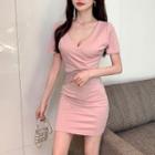 Short-sleeve V-neck Fringed Mini Bodycon Dress