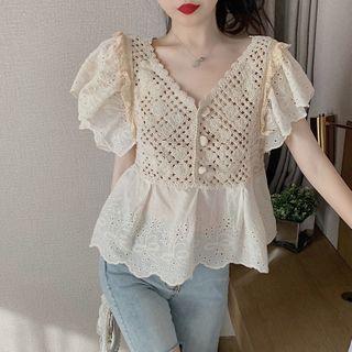Short-sleeve Ruffle Trim Perforated Blouse Almond - One Size