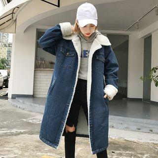 Fleece-lined Buttoned Denim Long Coat