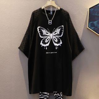 Short-sleeve Butterfly Print Dotted Mesh Panel T-shirt