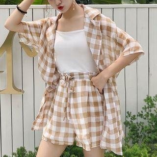 Set: Plain Camisole Top + Plaid Shorts + Plaid Elbow-sleeve Top