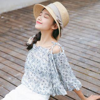 Floral Print Off Shoulder Elbow Sleeve Blouse