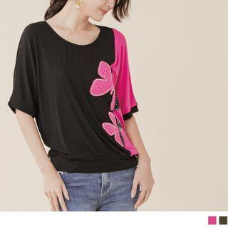 Rhinestone Butterfly Elbow-sleeve Panel Top