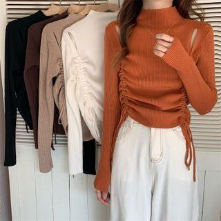 Semi High-neck Cutout Drawstring Long-sleeve Knit Top