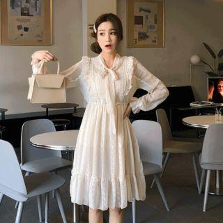 Tie-neck Laced Dress Cream - One Size