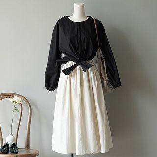 Tie-waist Long-sleeve Top / Midi A-line Skirt
