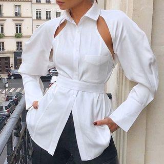 Long-sleeve Cutout Tie-strap Blouse
