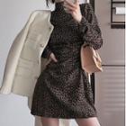 Long Sleeve High Neck Leopard Print Mini A-line Dress