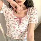 Short-sleeve Floral Cropped T-shirt Pink Floral - White - One Size
