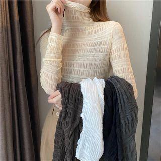 Long-sleeve Mock-neck Crinkle Top