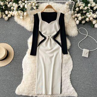 Long-sleeve Square-neck Panel Color Block Side-slit Dress