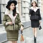 Set: Furry Collared Padded Zip Jacket + Padded Pencil Skirt
