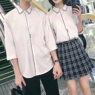 Couple Matching Contrast Trim Elbow-sleeve Shirt