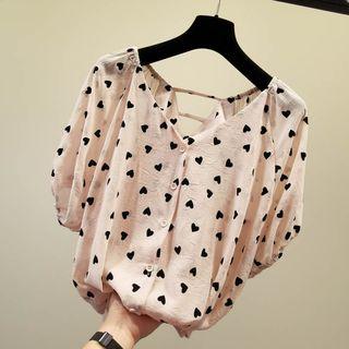Short-sleeve Heart Patterned Buttoned Chiffon Top