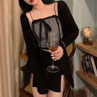 Lace Bow Gingham Cropped Camisole Top / Cardigan