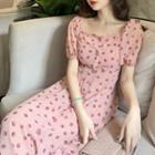 Balloon-sleeve Dotted Midi A-line Dress Dot - Pink - One Size