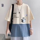 Two-tone Cat Print Short-sleeve T-shirt