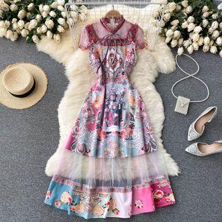 Print Panel Mesh Short-sleeve Dress