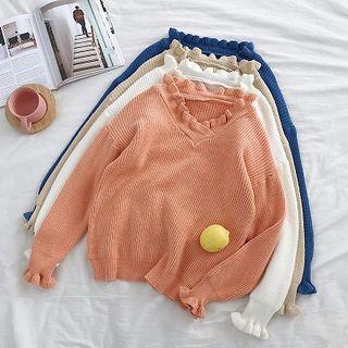 Plain V-neck Ruffled-trim Flare-sleeve Sweater