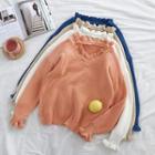 Plain V-neck Ruffled-trim Flare-sleeve Sweater