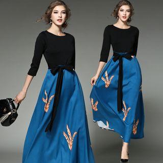3/4-sleeve Printed Crewneck A-line Sheath Slim Dress