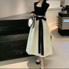 Long-sleeve Square-neck Top / Tie-waist Midi A-line Skirt / Set