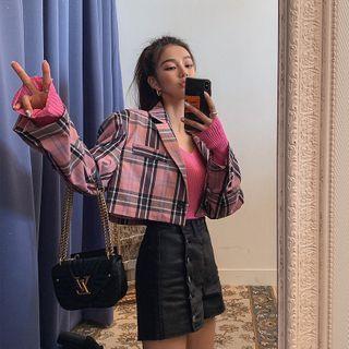 Single-breasted Plaid Cropped Blazer