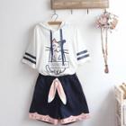 Cat Print Striped Hooded Elbow-sleeve T-shirt / Embroidered Wide-leg Shorts / Set