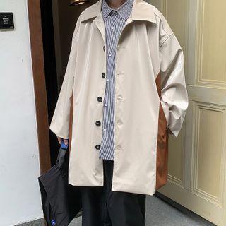 Long-sleeve Two-tone Single Breasted Faux Leather Trench Coat
