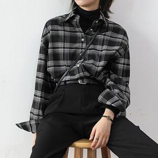 Plaid Shirt / Mock-neck Knit Top