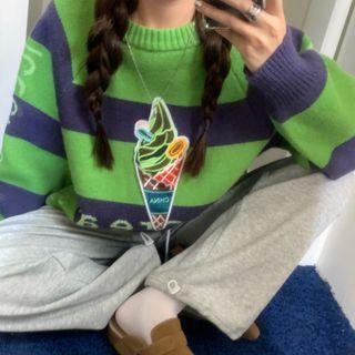 Long-sleeve Ice Cream Applique Striped Sweater Stripe - Green - One Size