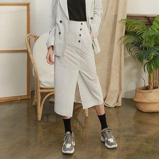 Wrap-front Buttoned Long Stripe Skirt