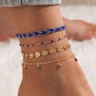 Set Of 4 : Rhinestone / Bead / Woven / Alloy Anklet (assorted Designs) 16835 - Gold & Blue - One Size