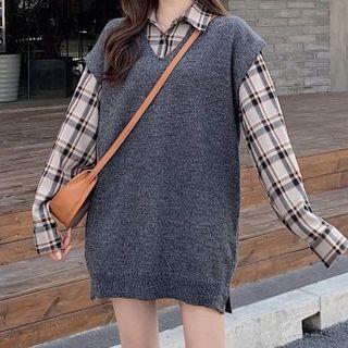 Plaid Shirt / Knit V-neck Vest