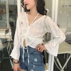 Plain Halter V-neck Flare-sleeve Blouse White - One Size