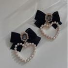 Heart Bow Rhinestone Faux Pearl Drop Earring 1 Pair - Black & White & Gold - One Size