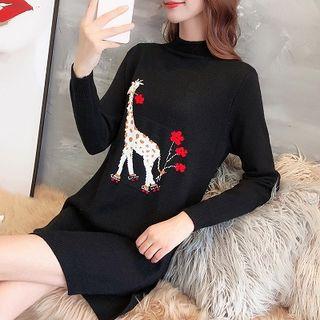Long-sleeve Mock Neck Giraffe Print Mini Knit Dress