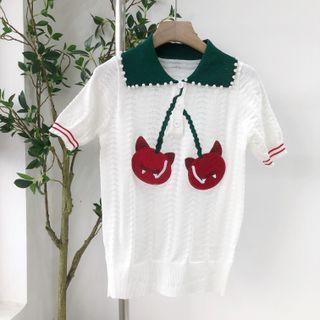 Short-sleeve Embroidered Faux Pearl Trim Polo Knit Top