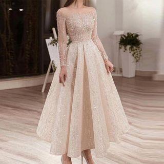 Off-shoulder Sequin Midi Cocktail Dress