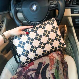 Faux Leather Plaid Clutch Chain - Black & Khaki - One Size