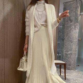 Shawl-collar Furry-knit Long Cardigan Ivory - One Size