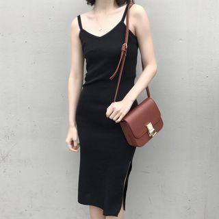 V-neck Side-slit Spaghetti Strap Dress Black - One Size