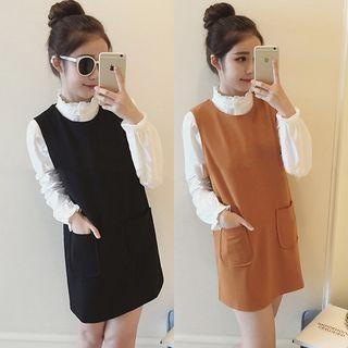 Set: Ruffle Trim Blouse + Sleeveless A-line Dress